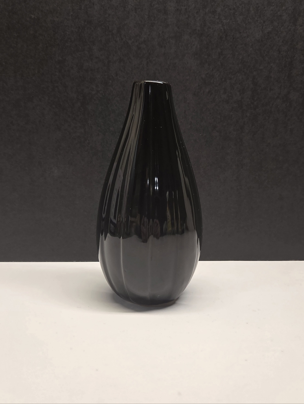 6" Fluted Black Glaze Ceramic Bud Vase Art Deco Scandi Style W/ Vertical Grooves